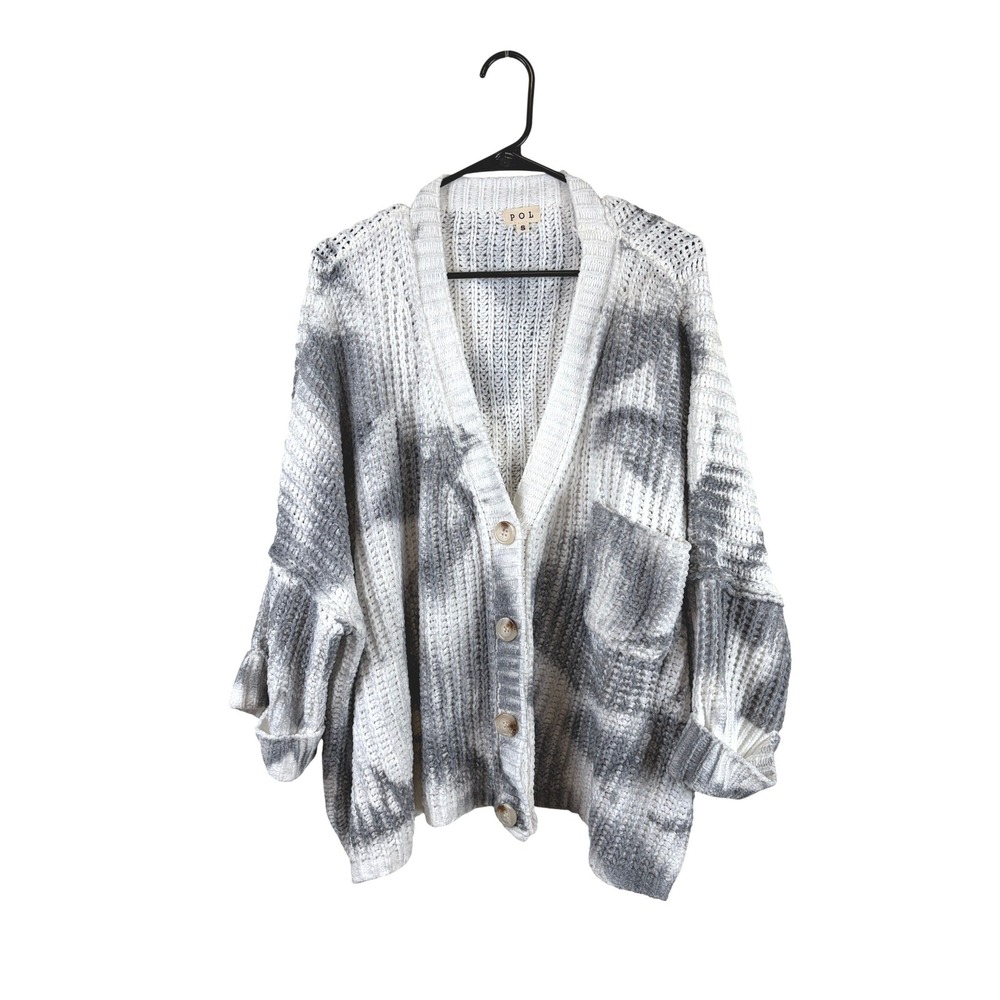 POL Cropped Tie Dye Cardigan Sweater Gray White Women's Small Boho